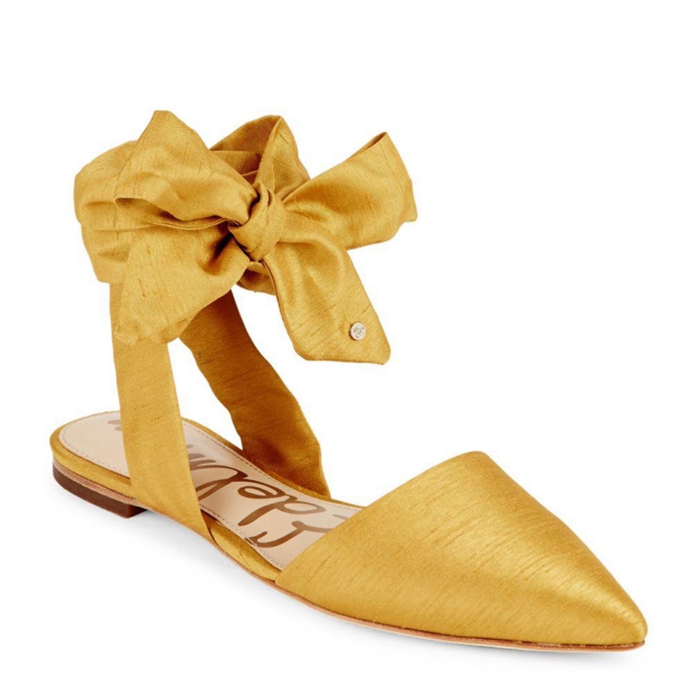 Sam Edelman Brandie Gold Mustard Yellow Lace-Up Silk Flat